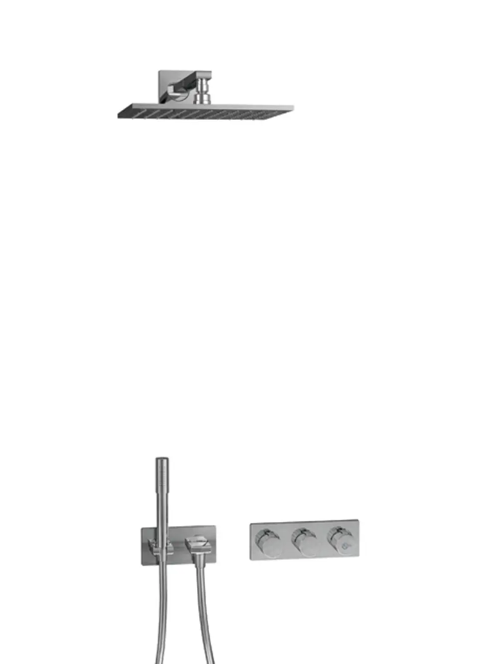 Brauseanwendung mit Kopf- und Handbrause in Chrom, montiert an der Wand, geliefert von Ideal Standard. Zubehör beinhaltet einen Schlauch und einfache Bedienungselemente.